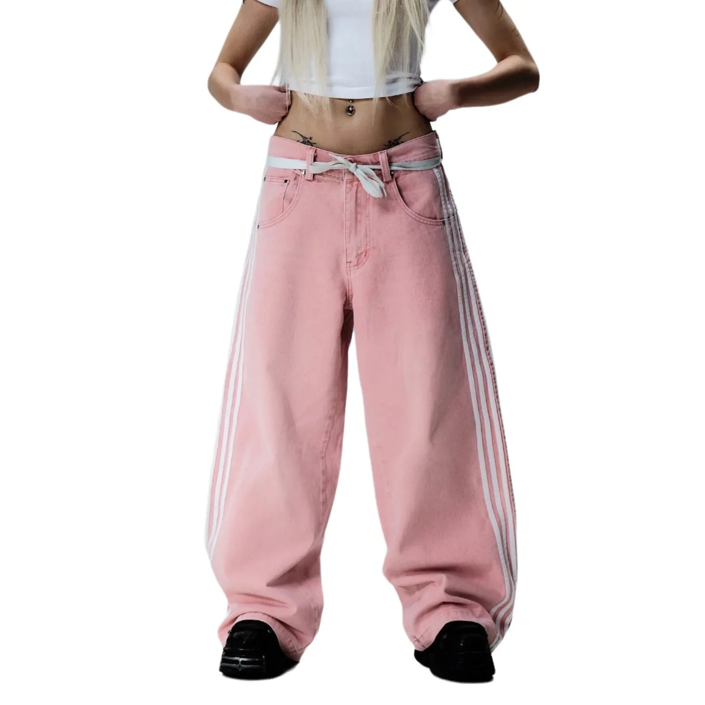 Y2K American Retro High Waisted Jeans Loose Wide Leg Pants Harajuku Style Street Striped Gothic Niche Design Casual Pants