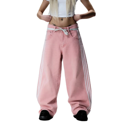 Y2K American Retro High Waisted Jeans Loose Wide Leg Pants Harajuku Style Street Striped Gothic Niche Design Casual Pants