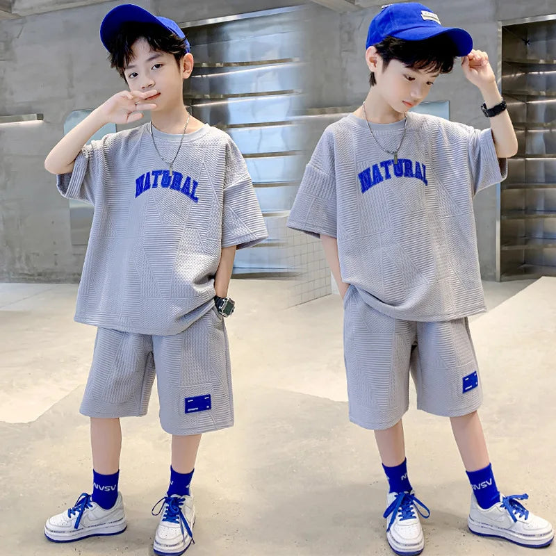 Summer Casual Boys Waffle Loose Alphabet T-Shirt Tops+Shorts Pant School Kids 2PCS Tracksuit Children Outfit Workout Set 5-16 Yr