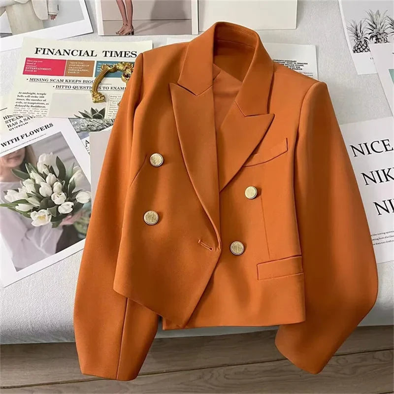 High-Quality Double Breasted Crop Blazer Women Korean Solid Long Sleeve Suit Coat Office Ladies Elegant Short Jacket Female Coat