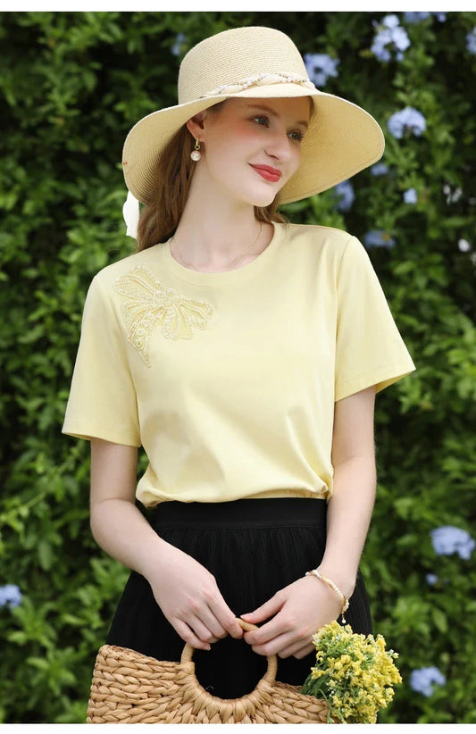 Yellow Bow Bead Embroidered Short Sleeved T-shirt Top for Women Summer 2025 Solid Round Neck Casual Tee 2252015981
