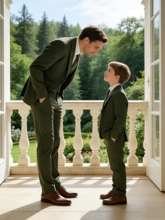 Green Formal Mens & Child Suits,3-pieces Jacket Vest Pants,Father Son Wedding Guest Outfit,Plus Size Coming of Age Communion