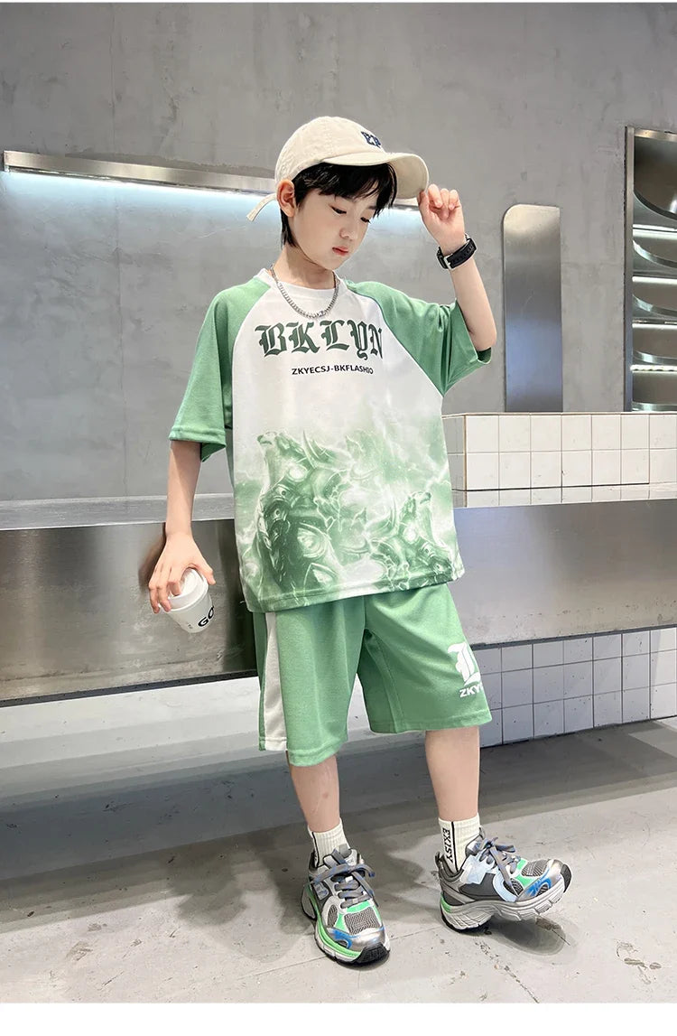 New Boys Clothing Sets Summer T-Shirt Short Sleeve+Shorts Kids Boy Sportsuit Children's Outfits Suit Teenager 5 6 8 10 12 14Yrs