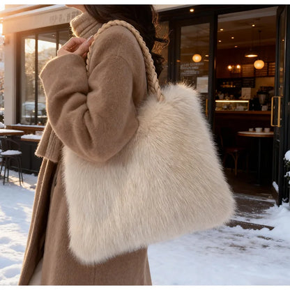 Fashion Women Furry Shoulder Bag Large Capacity Tote Handle Bag for Autumn Winter Outing Commuter Texture Versatile Storage Bags