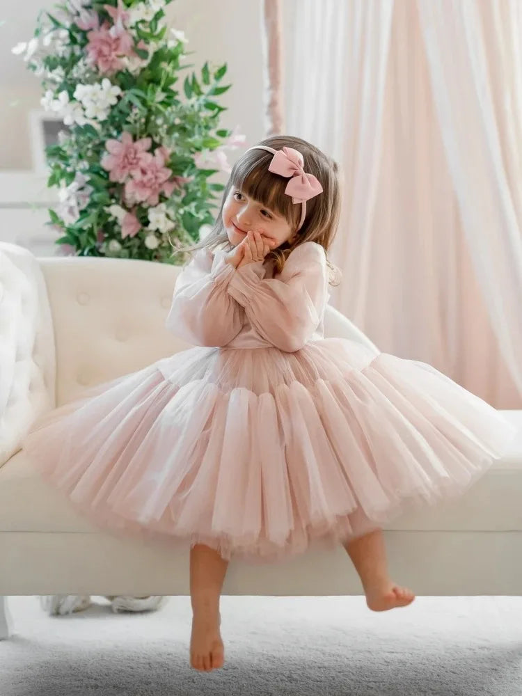 Customized Lovely Pink Flower Girl Dress For Wedding Puffy Knee Length Kids Birthday Party First Communion Ball Gowns