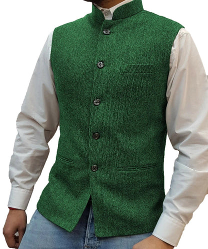 Mens Retro Vest Herringbone Wool Blended Smart Casual Stand Collar Single Breasted Waistcoat Adjustable Buckle Men's Suit Vest