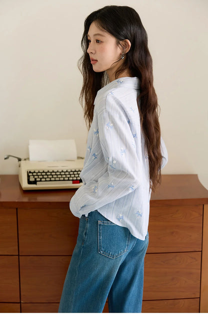 Long Sleeve Shirts for Woman 2025 Autumn Retro Blue Single-breasted Blouse Floral Embroidery Casual Tops MXE45X2495