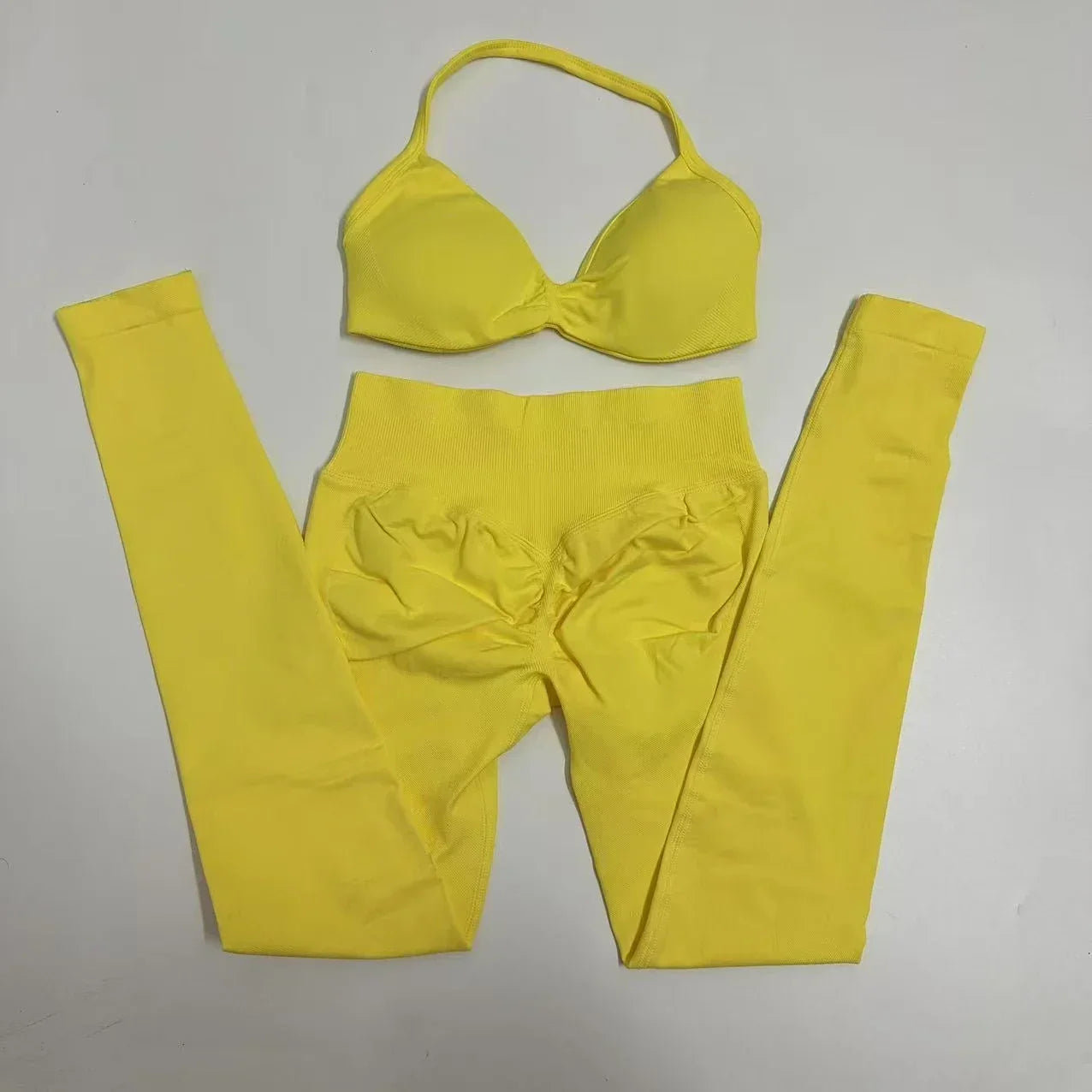 2pcs Seamless Yoga Set Women Yoga Scrunch Leggings Set Strappy Halter Sports Bra Fitness Gym Clothing Workout Set