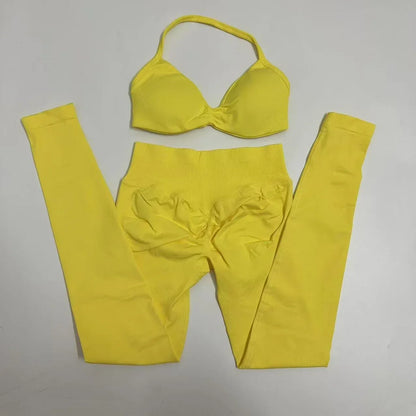 2pcs Seamless Yoga Set Women Yoga Scrunch Leggings Set Strappy Halter Sports Bra Fitness Gym Clothing Workout Set