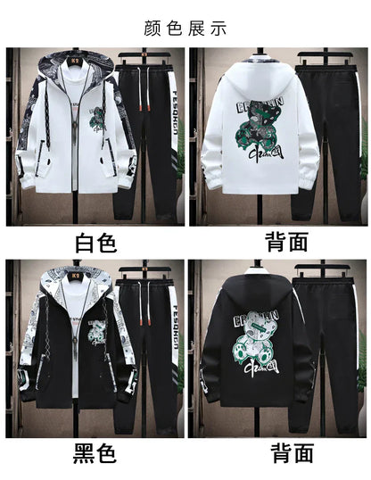 Spring Men Sportswear Tracksuit 2 Piece Running Sets Sports Hooded Jacket+Pant Sweatsuit Male Print Clothing Streetwear