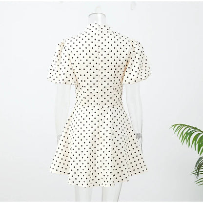 Retro Polka Dot Mini A-line Dress Elegant Stand Collar Puff Short Sleeve Waist-cinching Dresses 2026 New Lady Party Gowns