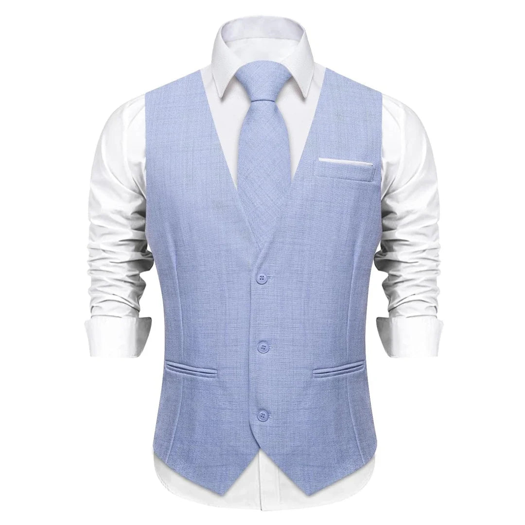 Fashion Men Vest Blue Single Breasted V Neck Solid Waistcoat For Wedding Birthday Party Prom Business Daily Casual Men Suit Vest