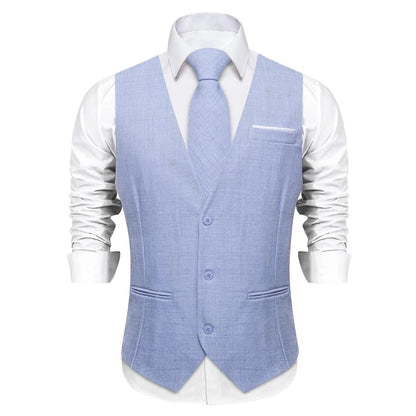 Fashion Men Vest Blue Single Breasted V Neck Solid Waistcoat For Wedding Birthday Party Prom Business Daily Casual Men Suit Vest