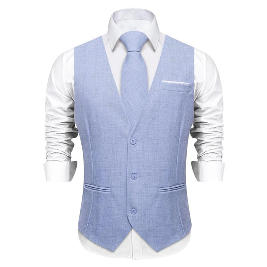 Fashion Men Vest Blue Single Breasted V Neck Solid Waistcoat For Wedding Birthday Party Prom Business Daily Casual Men Suit Vest