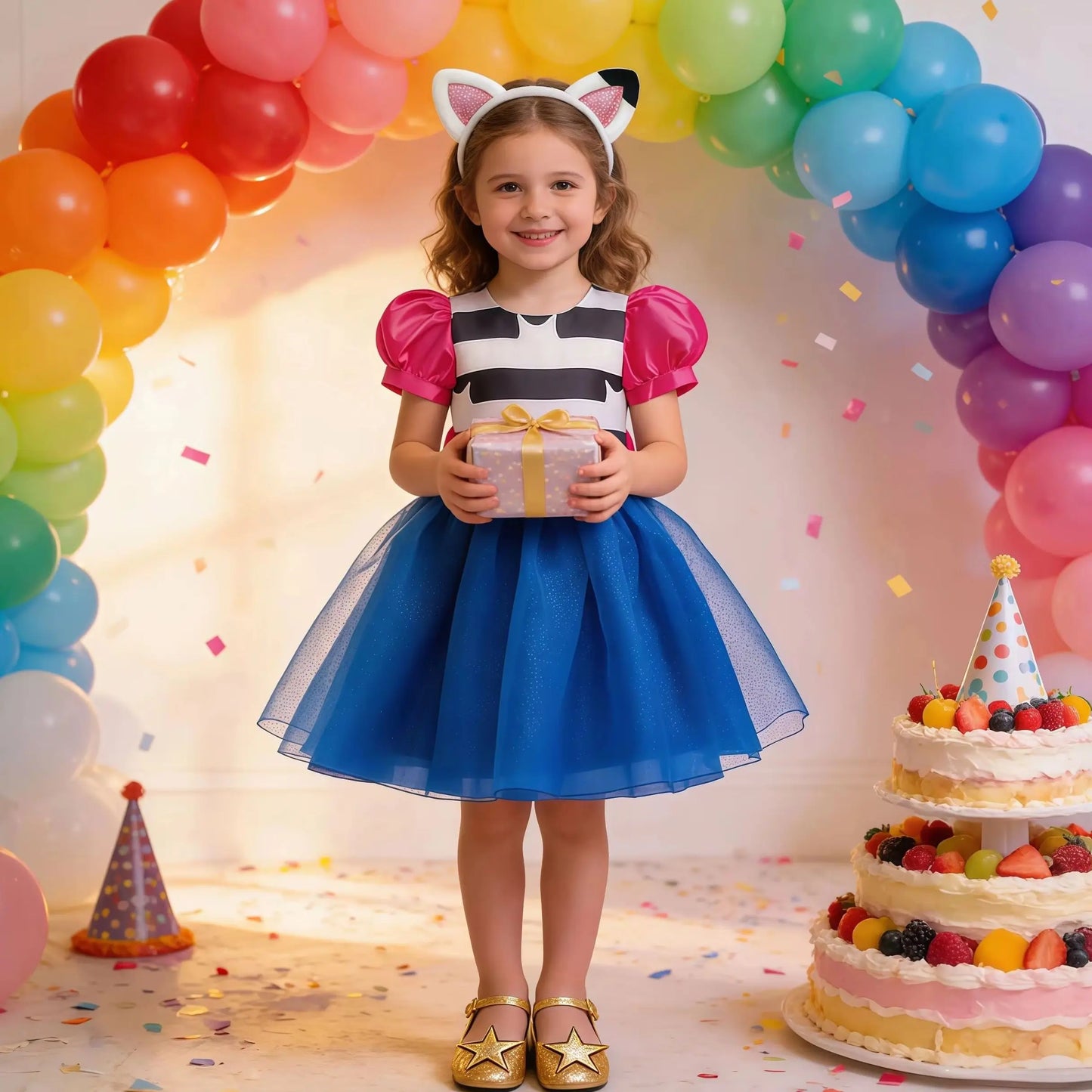 Kids Girls Cartoon Cats Cosplay Princess Dress Children Puff Sleeve Bow Tulle Gown For Carnival Halloween Birthday Party Outfit