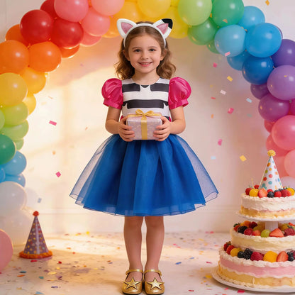 Kids Girls Cartoon Cats Cosplay Princess Dress Children Puff Sleeve Bow Tulle Gown For Carnival Halloween Birthday Party Outfit