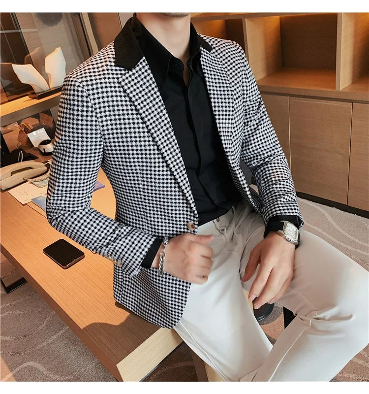 2024 Autumn Winter Korean  Houndstooth Blazer Jackets Fashion Color Matching Lapel Design Casual Men's Plaid Suit Coat Tuxedo