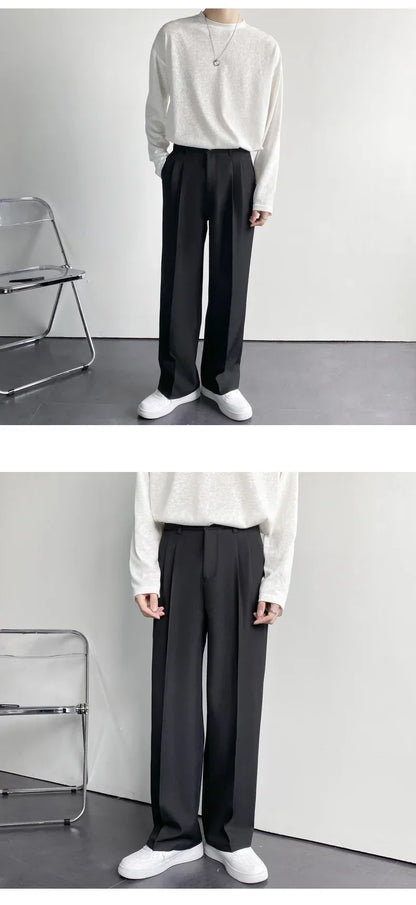 2024 Spring Autumn Men's Fashionable White Korean Style Casual Pants Street Draped Straight Loose Suit Casual Trousers Male