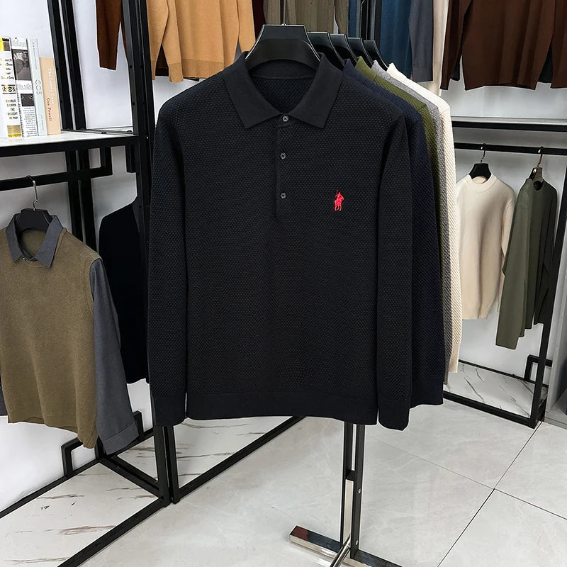 High-end Quality Men's Casual Outdoor Pineapple Pattern Knitted Long-sleeve Polo Shirt (eco-cotton, No Shrinkage No Deformation)