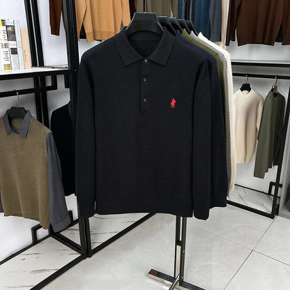 High-end Quality Men's Casual Outdoor Pineapple Pattern Knitted Long-sleeve Polo Shirt (eco-cotton, No Shrinkage No Deformation)