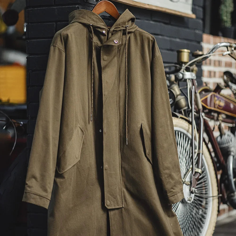 Retro M51 Hooded Windbreaker Loose Fit Cotton Zipper Mid-length Jacket Versatile Solid Color Outerwear for Men's Autumn