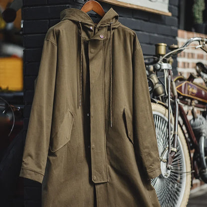 Retro M51 Hooded Windbreaker Loose Fit Cotton Zipper Mid-length Jacket Versatile Solid Color Outerwear for Men's Autumn