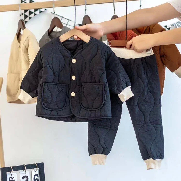 Winter Cute Girls Quilted Warm Clothes Sets Kids Boys Thicken Pullover and Thick Pants 2pcs Sets Boy Warm Suit for Kindergarten