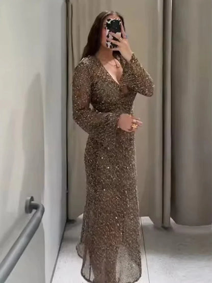 Sexy Sequined Long Pleated Dress Women Deep V-neck Full Sleeve See Through Dresses 2026 Summer Lady Party Evening Dresses ﻿