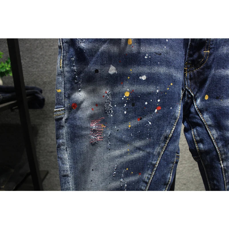 Street Fashion Men Jeans Retro Blue Stretch Slim Fit Spliced Ripped Jeans Men Painted Designer Hip Hop Vintage Denim Pants Homme