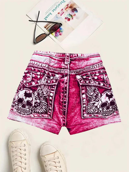 Women's Faux Denim Print High Stretch Slim Shorts, Versatile Yoga Shorts, Polyester Non-Denim Material