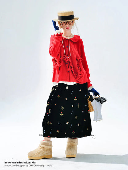 Embroidered Floral Midi Skirt, Vintage Velvet, Daily Outing, Mori - style Healing Vibe 255288