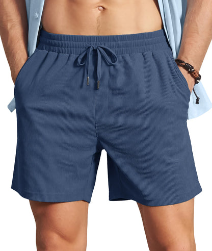 Men's Corduroy Texture Casual Shorts 6" Inseam for Summer Beach Vacation Elastic Waist Drawstring Lightweight Pockets