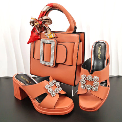 African Fashion Women's DK.Green Sandals With Square Fine Clutch Bag Italian Design Casual Style Shoes And Bag Set