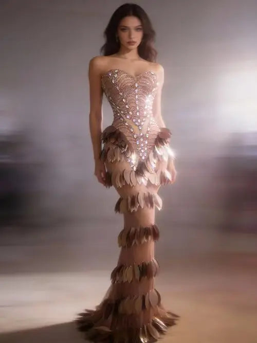 Sexy Sparkly Diamonds Leaf Strapless Mesh See Through Long Dress Birthday Evening Celebrate Party Nightclub Bar Show Stage Wear