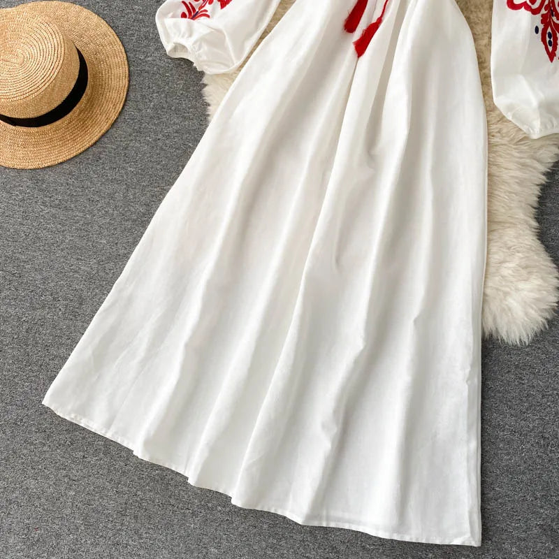 n Sle Embroidered Flower Long Sve Loose Fit Lantern Sve Gathered Slimming A-Line Dr Women's round Ne Dr