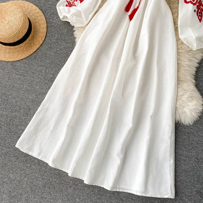 n Sle Embroidered Flower Long Sve Loose Fit Lantern Sve Gathered Slimming A-Line Dr Women's round Ne Dr
