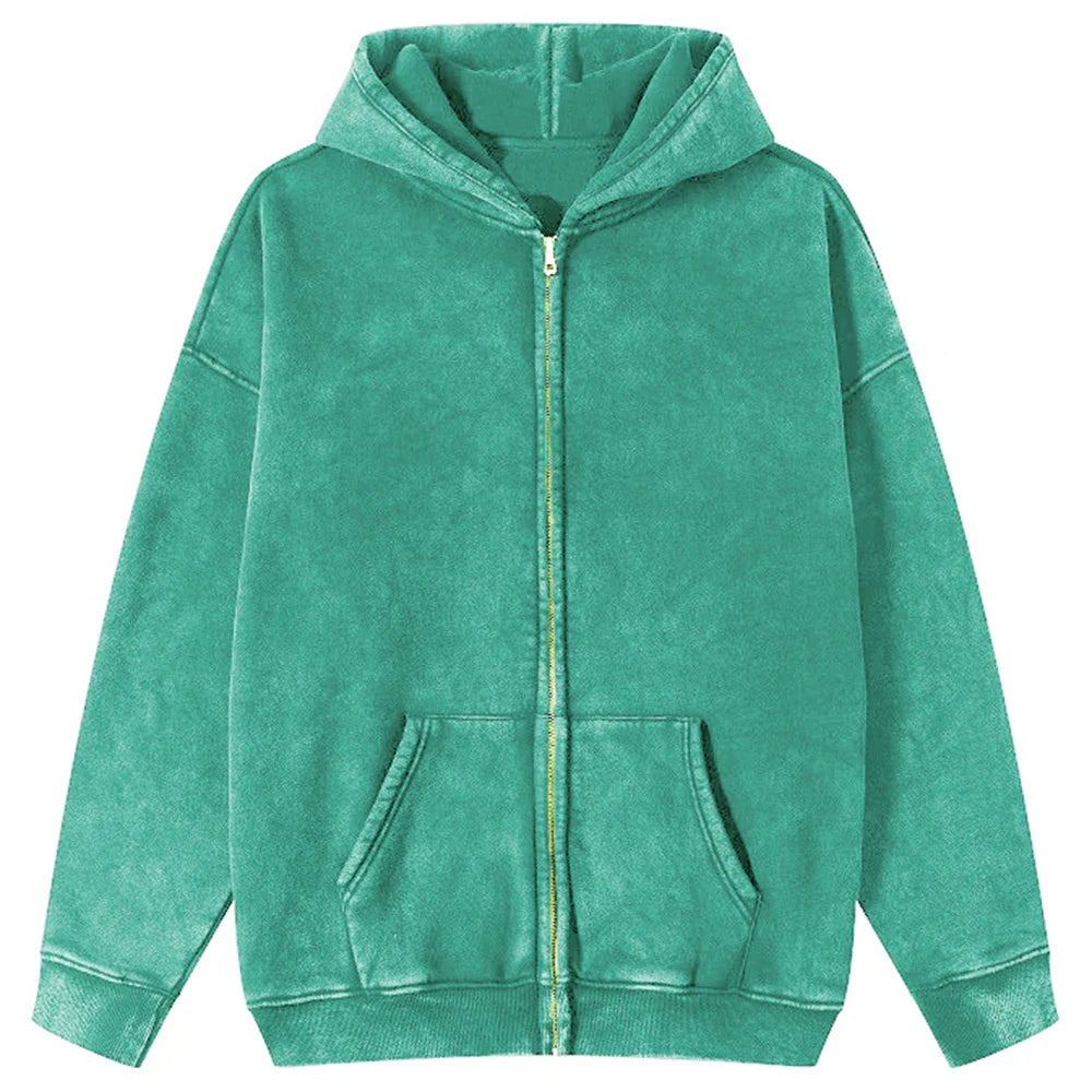 Autumn  Solid Color 100% Cotton Women Washed Hoodie Sport Casual Zipper Hoody Y2K Jogging Streetwear Harajuku Soft Hoodies