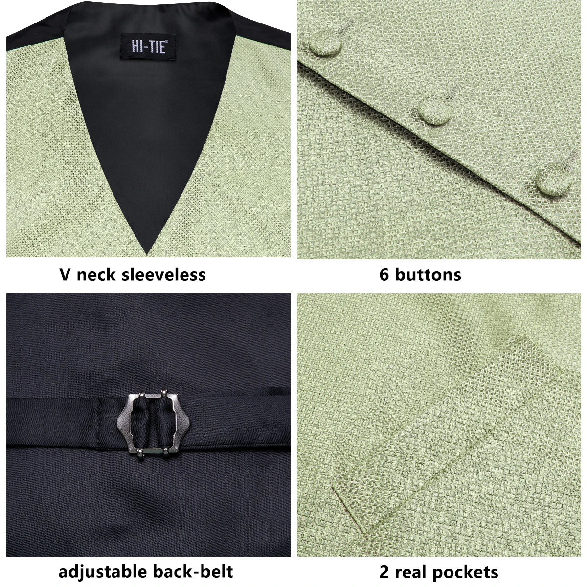 Silk Mens Suit Vests 4PC Woven Sage Green Solid Waistcoat Tie Pocket Square Cufflinks Business Wedding Dress Waist Jacket