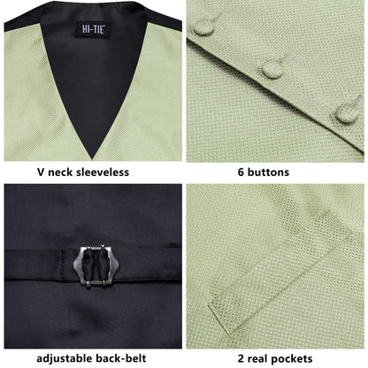 Silk Mens Suit Vests 4PC Woven Sage Green Solid Waistcoat Tie Pocket Square Cufflinks Business Wedding Dress Waist Jacket