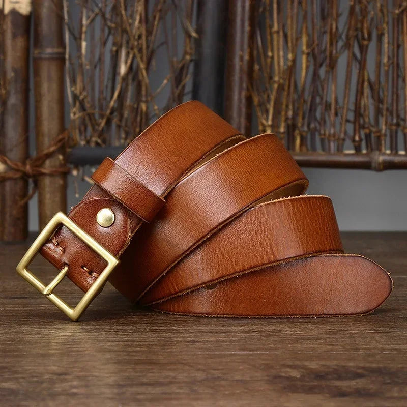 3.3CM Pure Cowhide Genuine Leather for Men's Women High Quality Jeans Brass Buckle Belts Cowboy Fashion Designer Matching Belt
