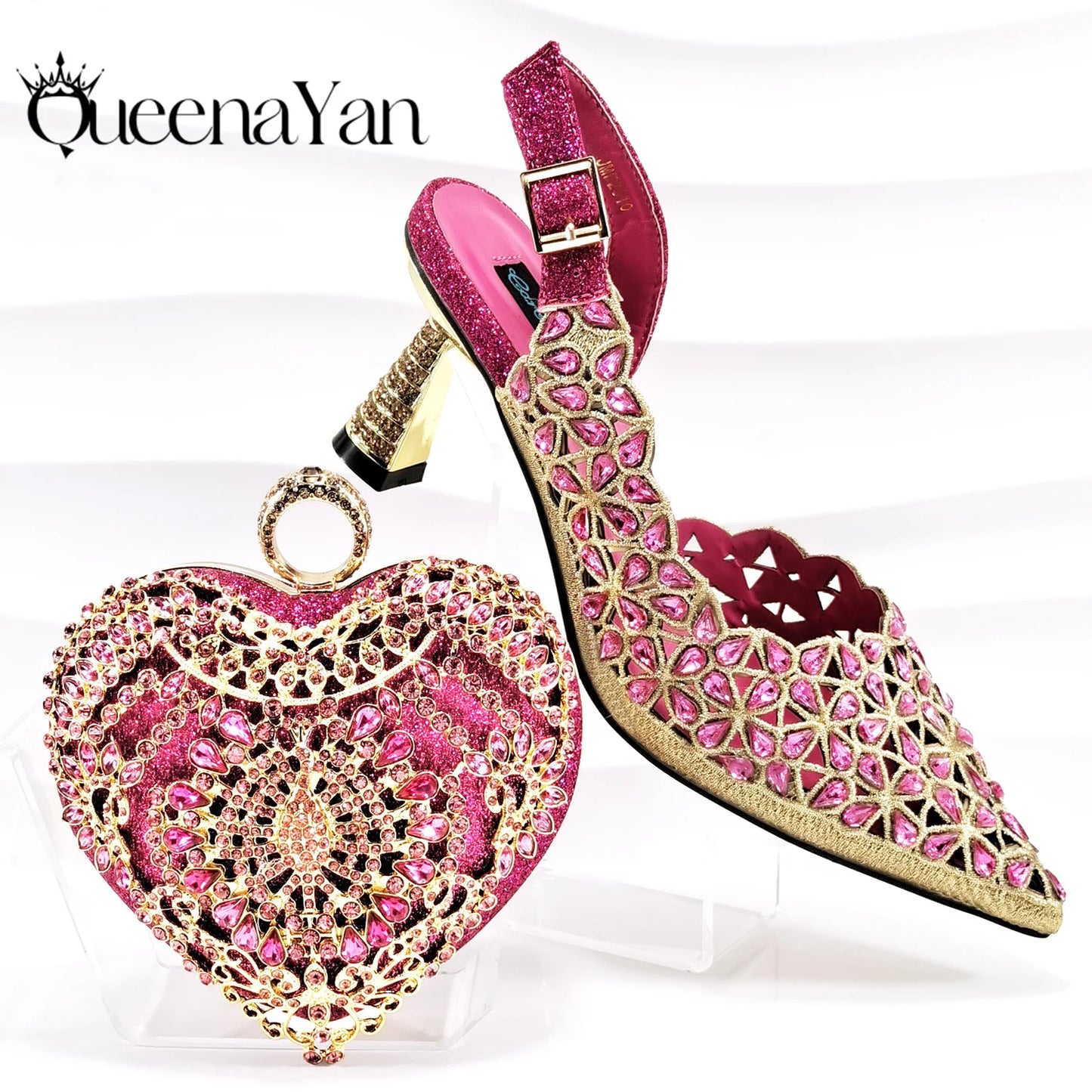 New Shoes and Bags Matching Set Nigerian Women Heel Party for Women Fuchsia Colour Italian Design Wedding INS Design