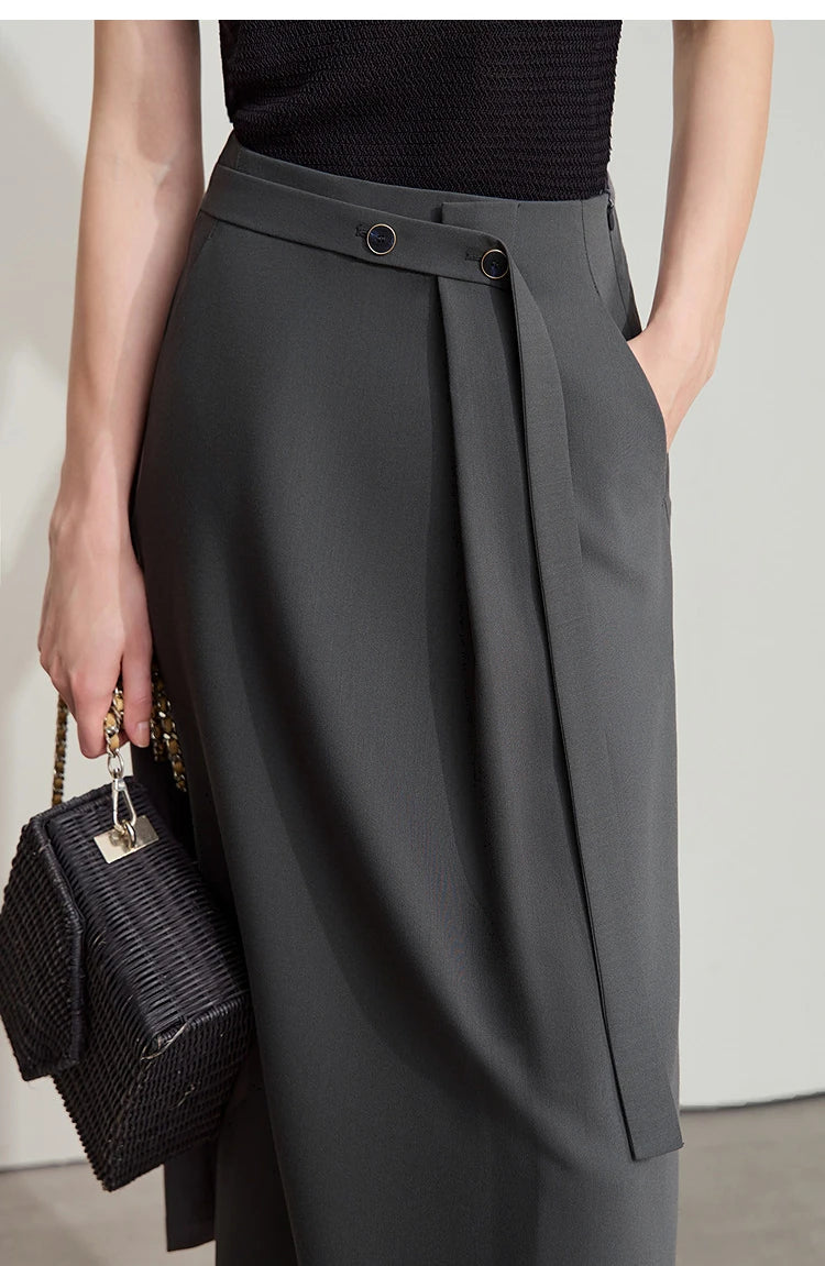 Minimalist Knee length Skirt Women Pleated A-line Loose Dress Elegant Commuting Style Belt Decoration Skirts 12522074