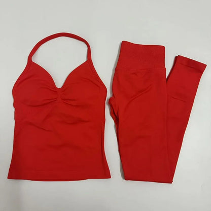 Set of 2 pieces of women's yoga mesh, sleeveless tops with open back, high-waisted gym suit, fitness clothing, yoga set