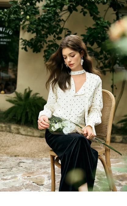 Woman Chiffon Blouse French Style 2026 Spring Elegant Polka Dot Ladies Top Bow Tie Neck Long Sleeve Shirts O58CC002535
