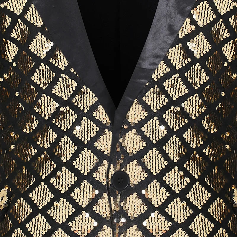 2026 Gold Men's Black Collar Suit Jacket, Glitter Sequin Decoration Wedding Party Dress Coat Black Silver Fashion Blazers.
