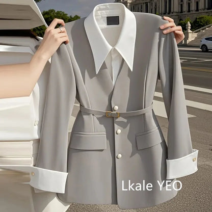 Women's Suit Coat 2025 Spring Autumn Advanced Popular Ladies  Blazer Jacket Casual Fake Two Items Temperament Lady Outerwear