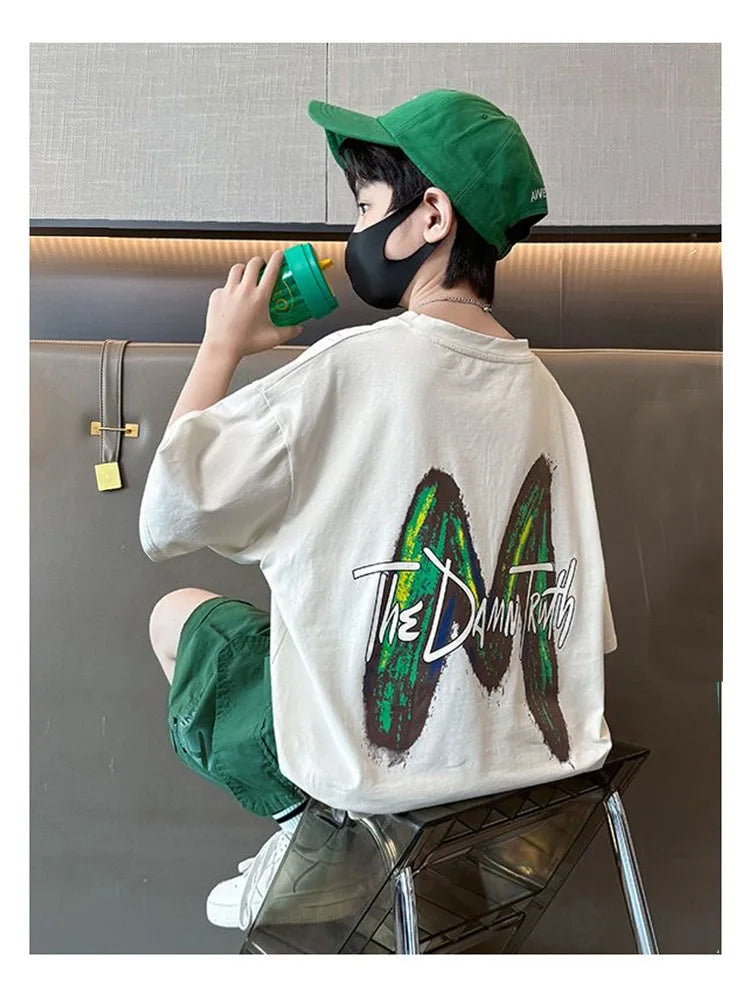 Summer Boys Cotton Leisure Loose Contrast Alphabet T-Shirt Top+Shorts Pant Set School Kids 2PCS Tracksuit Children Outfit 5-16Yr