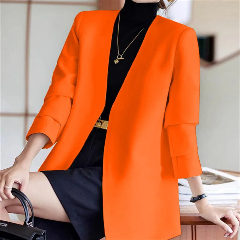 Fashionable Versatile Spring Autumn Women's Blazer Jacket Korean Style Street Style Long Sleeve Suit Coat Pure Color Commute...