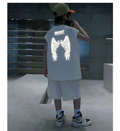 Kids New Summer Tracksuit for Boy Cotton Tank Top Set Children Wing Reflective Clothing Set Shorts and Vest 2 Pieces Outfit 5-14