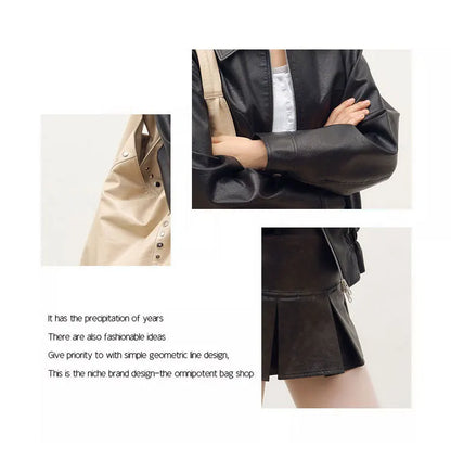 Rivet Women Shoulder Bag Large Capacity Versatile New Soft PU Single Shoulder Underarm Bag Casual Commuting Tote Black Handbag